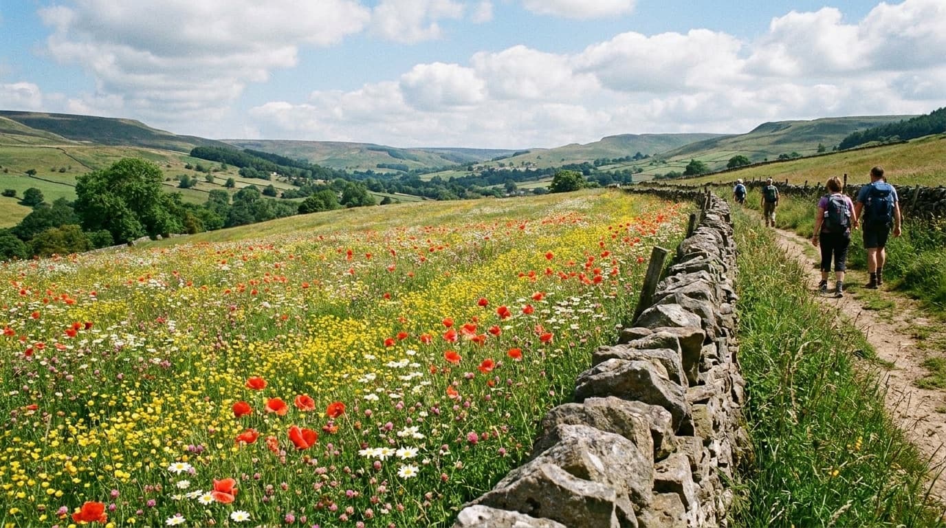 Wildflower meadow in an English national park under a summer sky