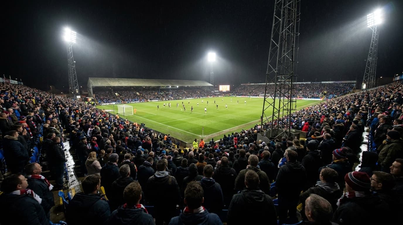 A packed football stadium under floodlights during an evening match