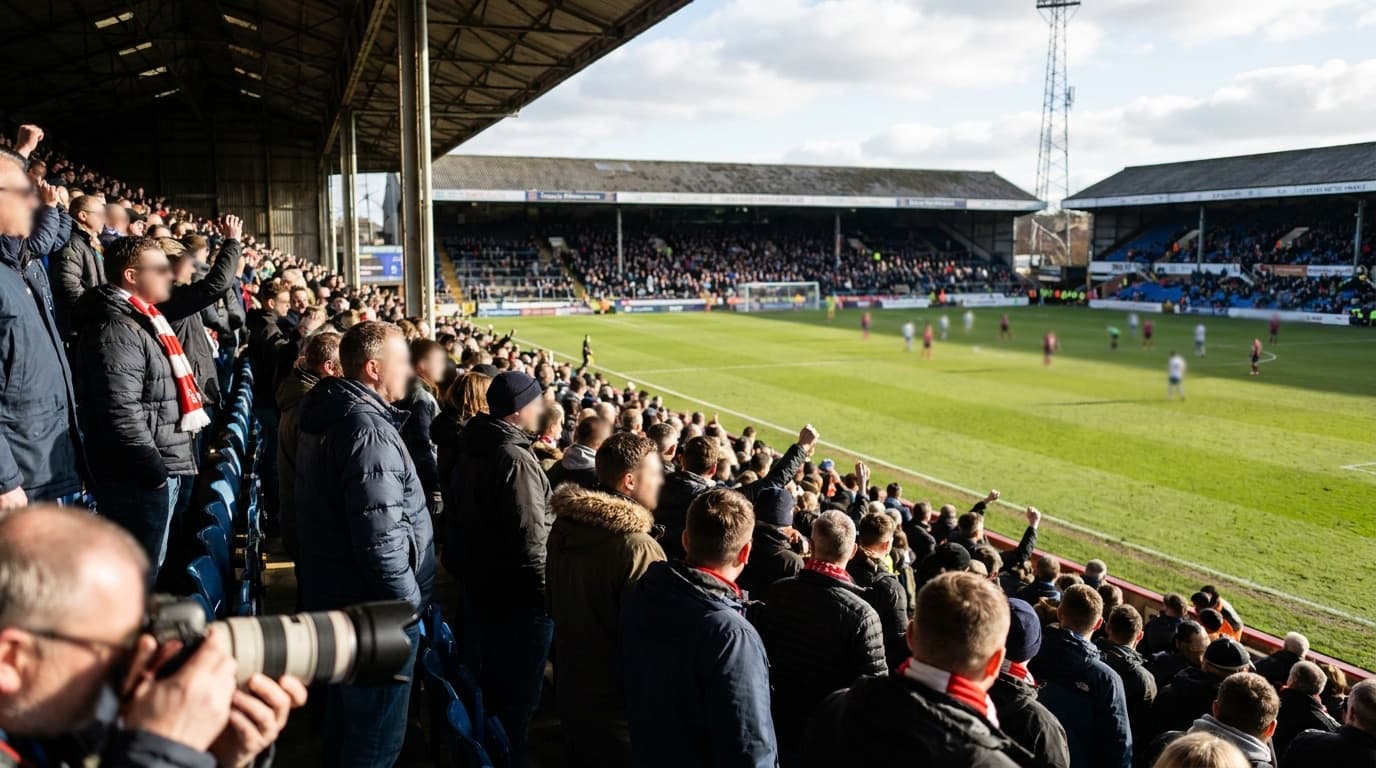 Supporters in the stands of a generic football stadium watching a match on a sunny afternoon