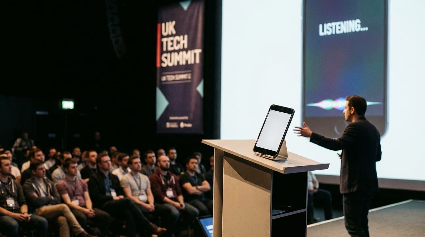 A smartphone displaying a voice assistant interface on stage at a developer conference