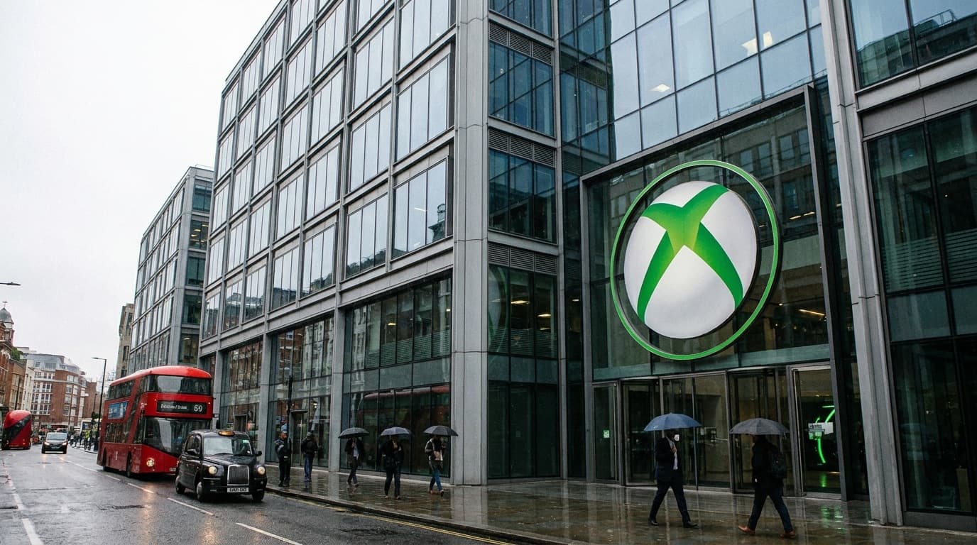 An Xbox logo on a wall outside a corporate office building