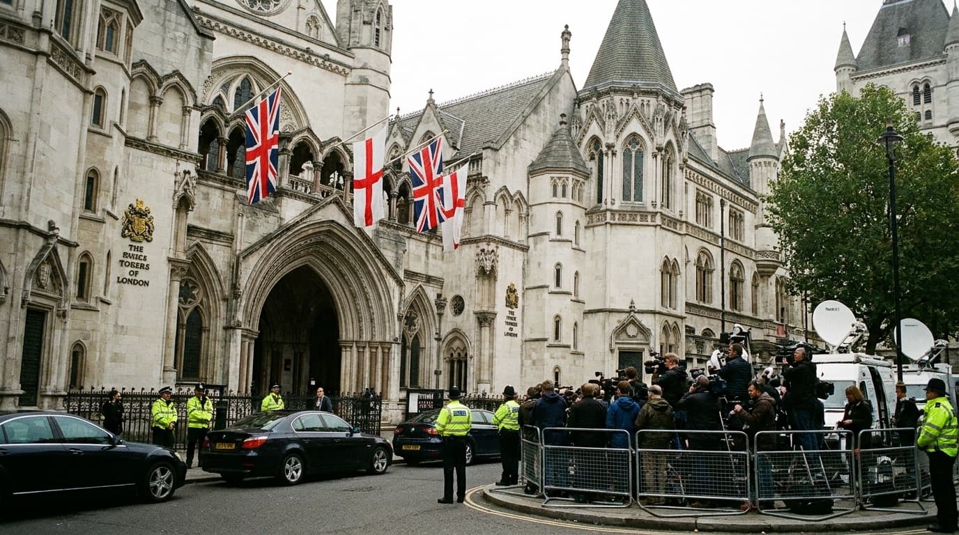 A courthouse exterior with national flags, representing a high-profile criminal trial