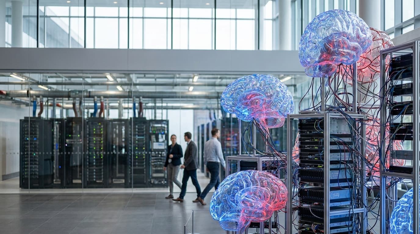An abstract visualisation of competing AI models and data centre infrastructure