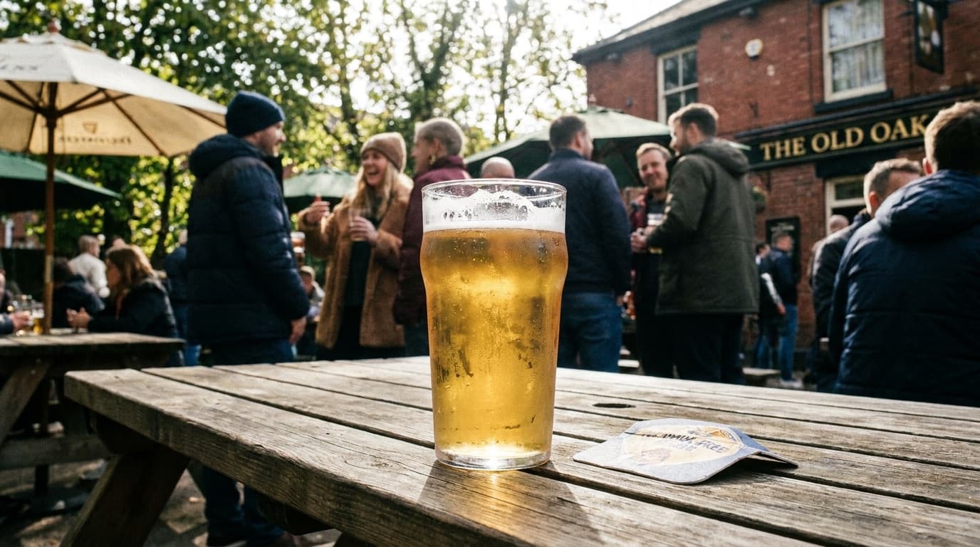 A frosted glass of alcohol-free lager on a wooden table in a sunlit British pub garden