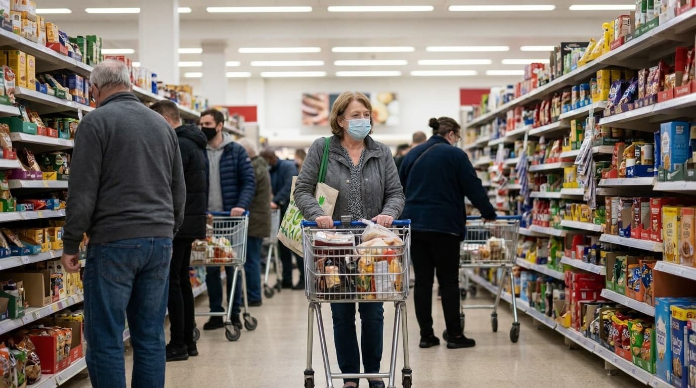 A shopper pushing a trolley down a supermarket aisle