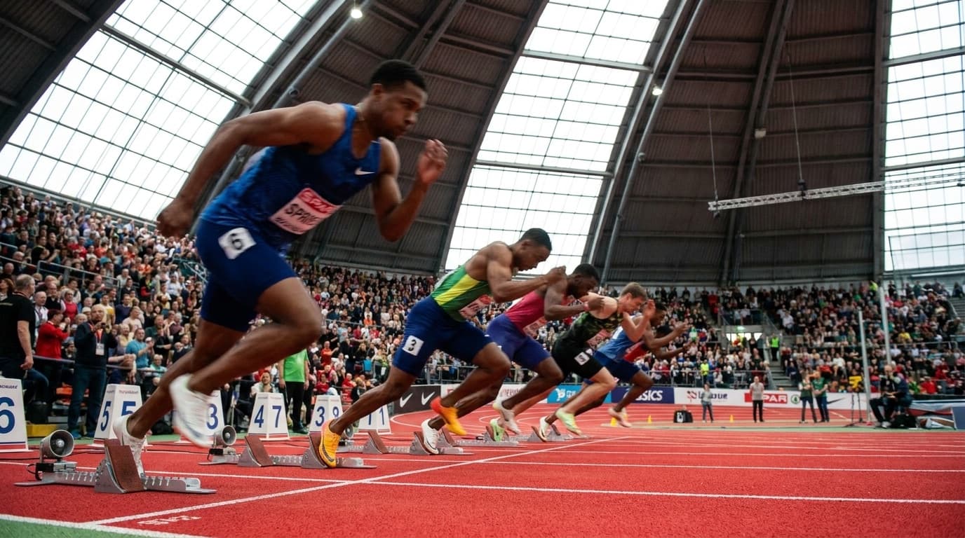 Sprinters powering out of the blocks down a red running track inside a packed indoor athletics arena