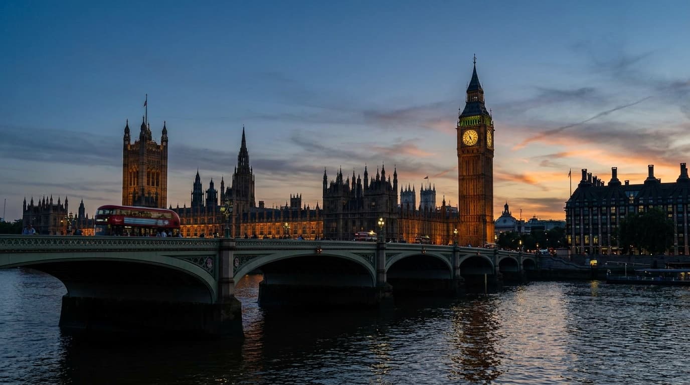 The Houses of Parliament seen across the River Thames at dusk