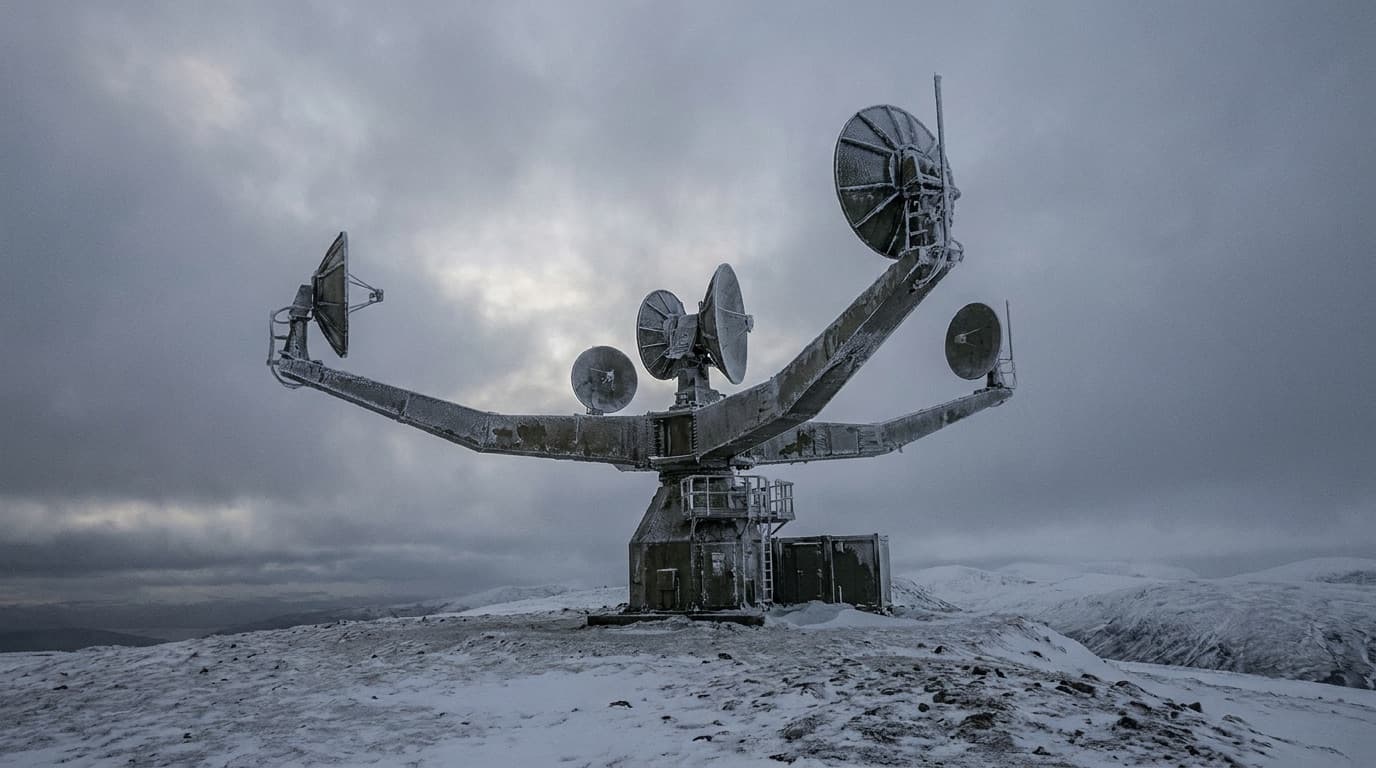 A sweeping radar array on a remote snow-covered northern landscape under a pale Arctic sky, with no people or markings visible