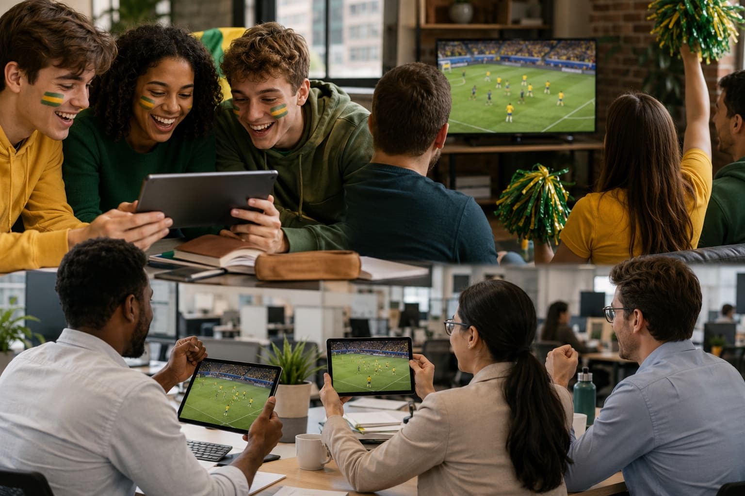 Football players in green and gold kit celebrating on a stadium pitch