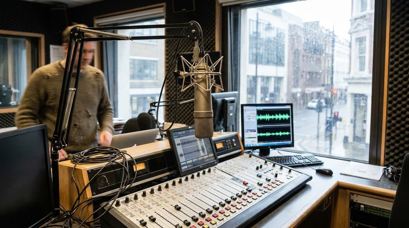 Generic radio broadcasting microphone and mixing desk in a studio, no logos