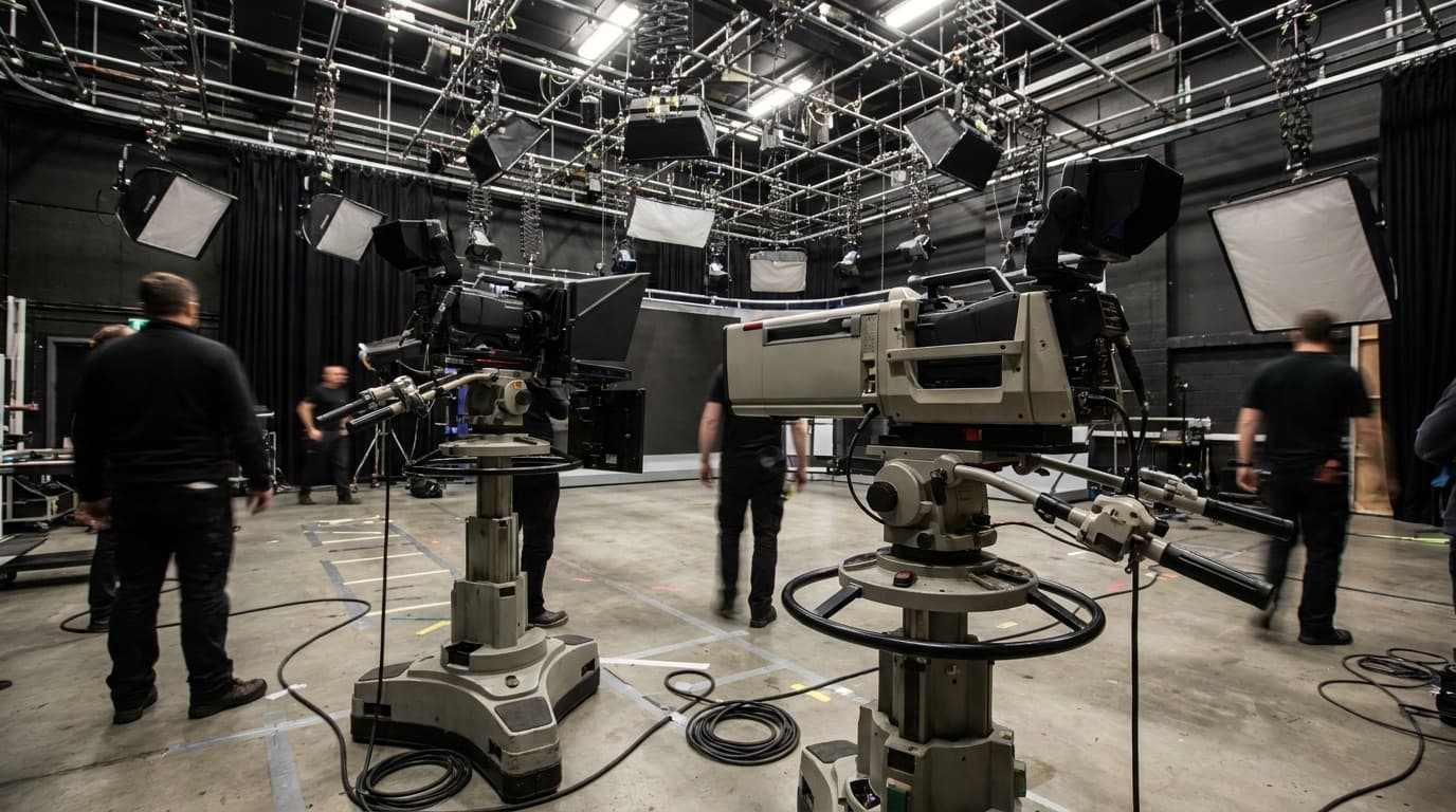 Generic television studio camera and broadcast lighting rig, no logos or recognisable faces