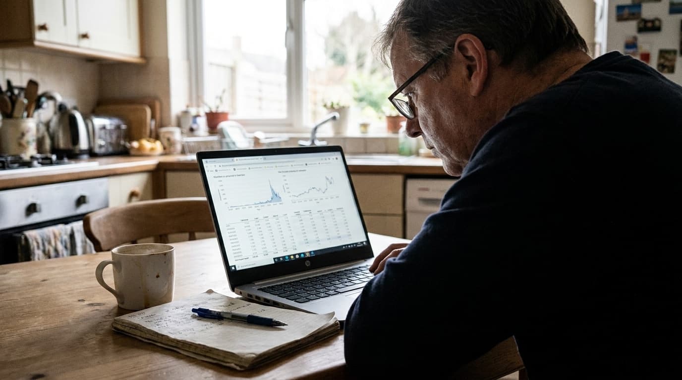 A person reviewing savings account rates on a laptop at a kitchen table with a notebook