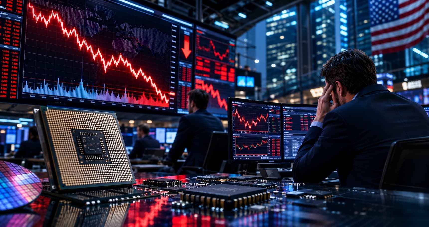 Stock market display board showing falling share prices in red