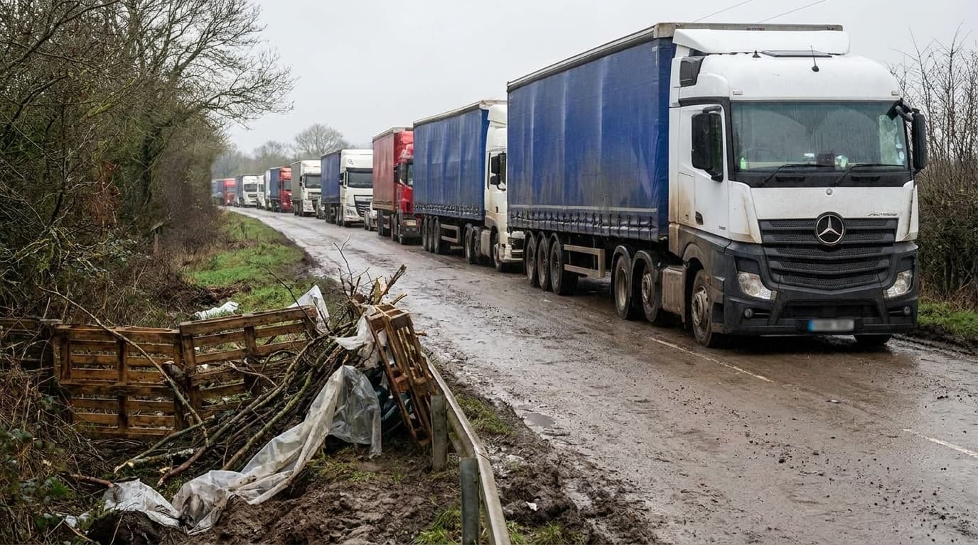 Stranded lorries lined up along a rural highway with a makeshift barricade cleared to one side