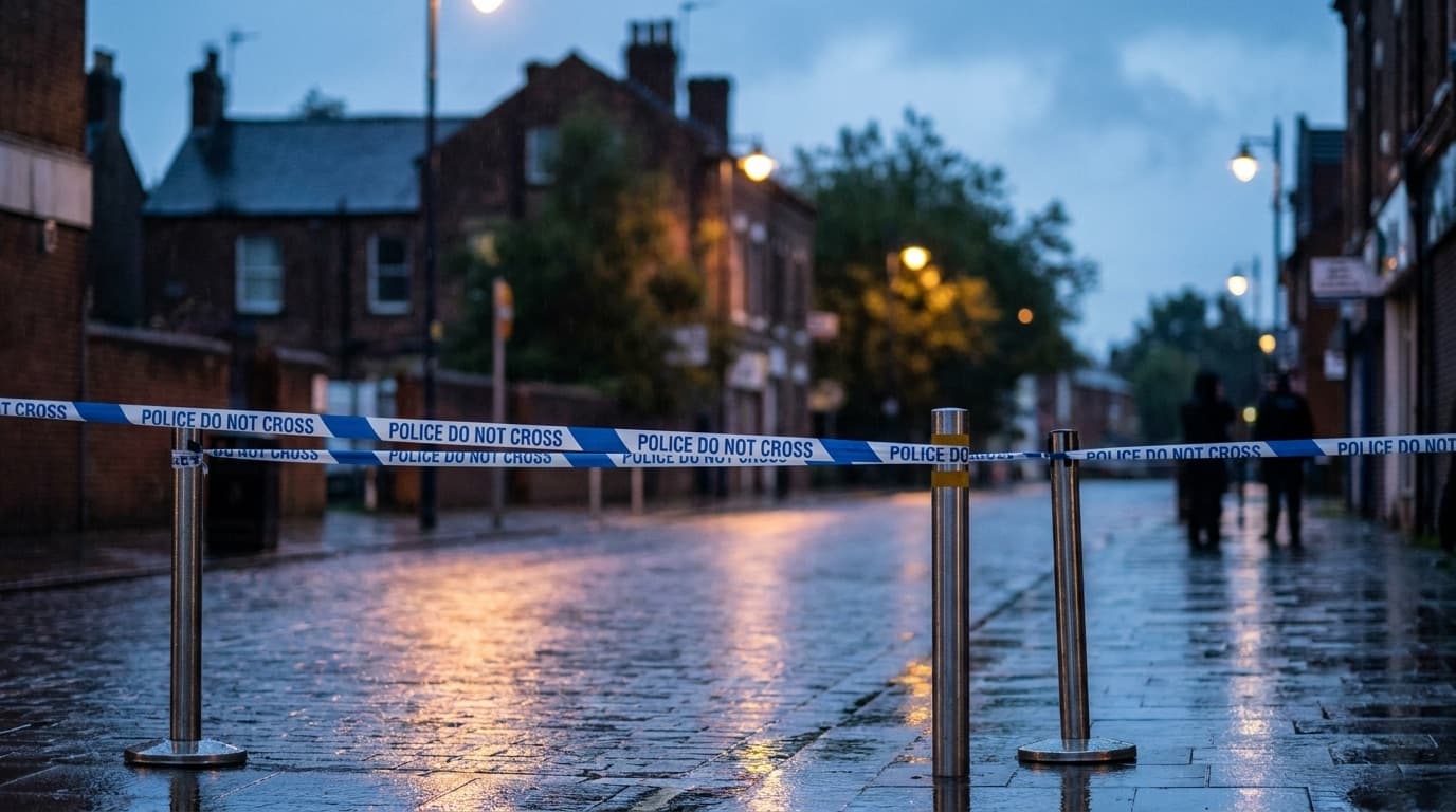 Generic police tape cordoning off an urban street at dusk, no identifiable people or logos