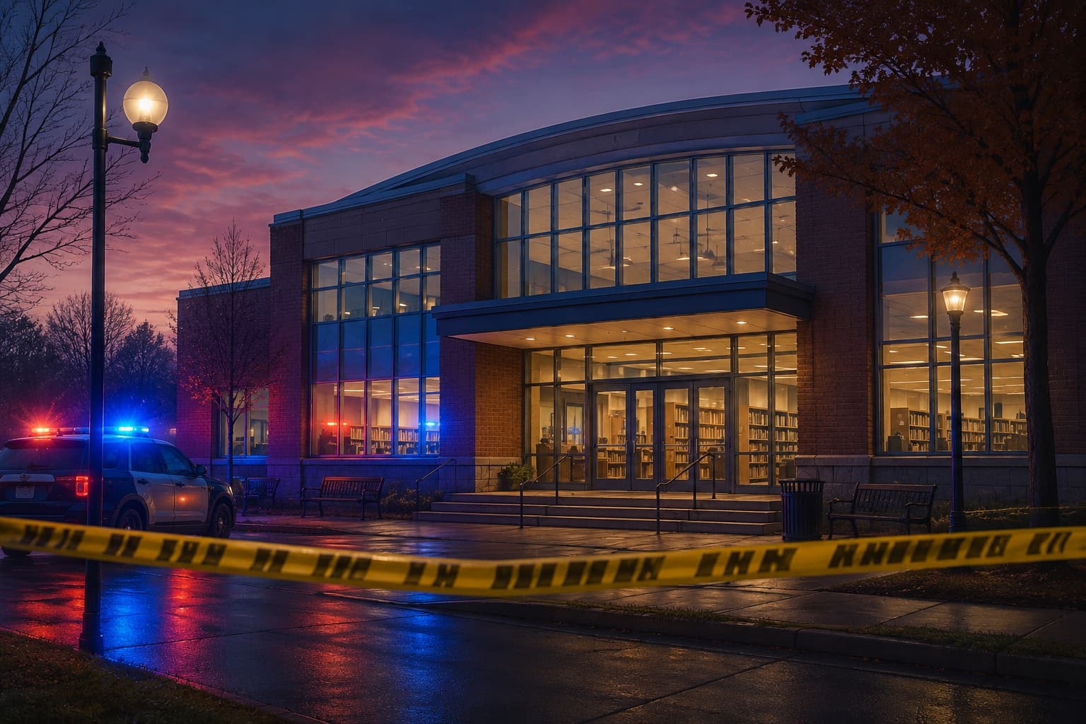 Police tape cordoning off the entrance to a public building with emergency vehicle lights in the background
