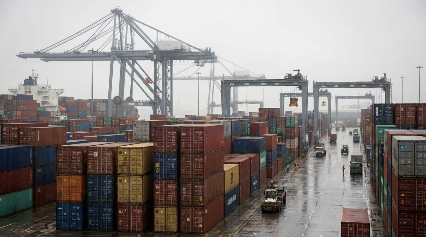 Stacked shipping containers at a large port terminal under a hazy sky, gantry cranes overhead, with no company names or flags visible