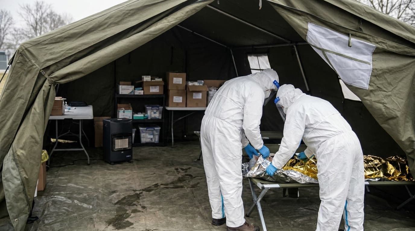 Generic health workers in protective equipment at a medical aid station, no faces visible, no logos