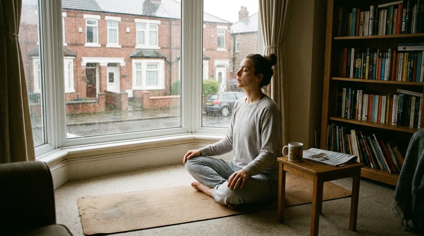 A person practising slow breathing on a yoga mat by a window in soft morning light