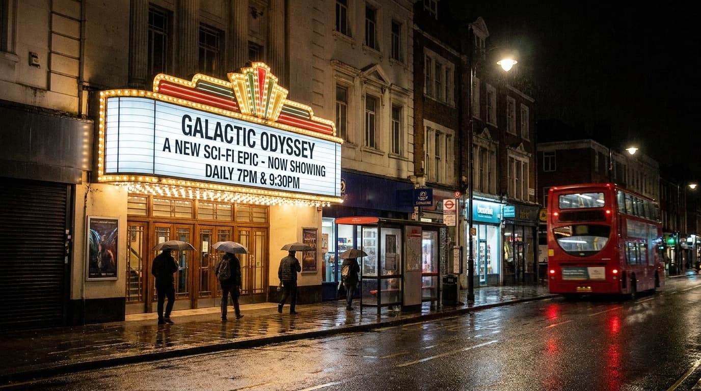 A cinema marquee at night advertising a new science-fiction blockbuster