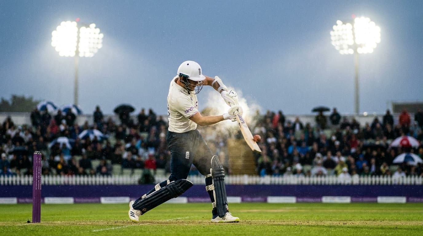 A batter mid-stroke under floodlights at a cricket stadium with the boundary rope and crowd blurred behind