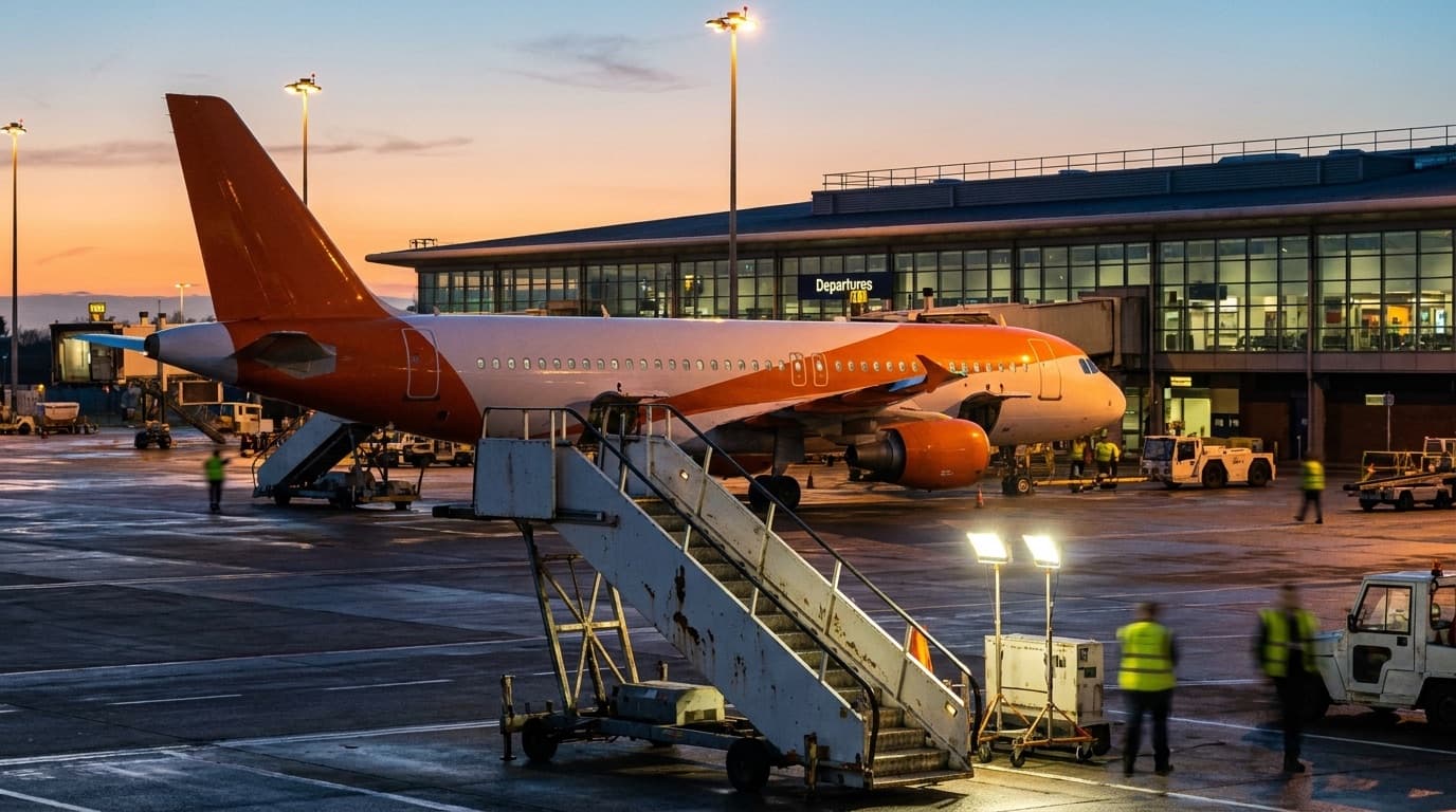 A low-cost passenger jet parked at an airport gate at dusk with boarding stairs in the foreground