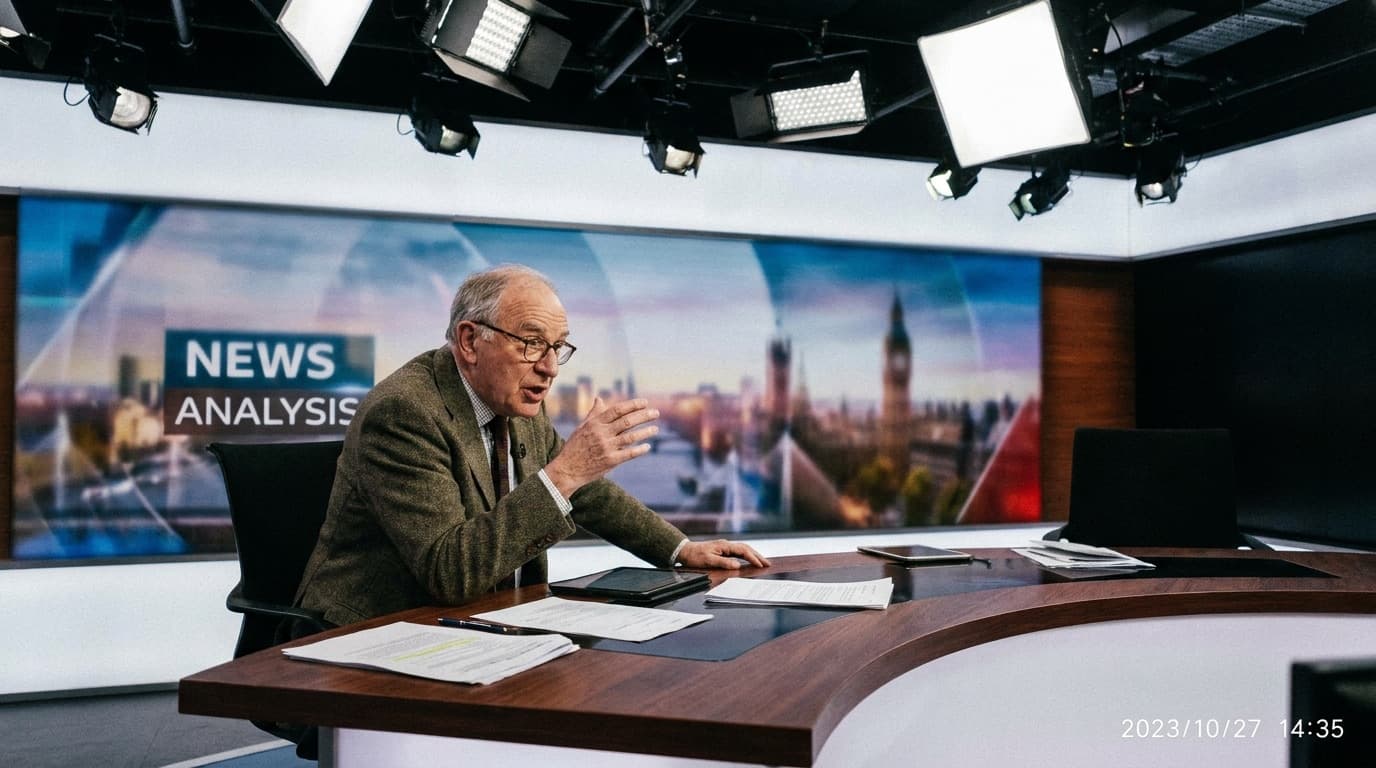 A television pundit speaks at a studio analysis desk under bright lights, no broadcaster logos or branding visible