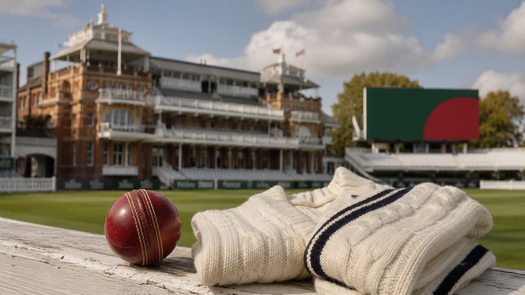 A historic cricket pavilion overlooking an empty Test match ground on a bright summer morning
