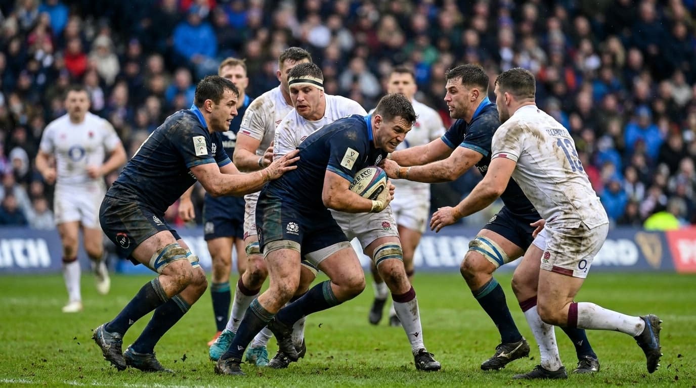 Rugby union players competing for the ball during a match