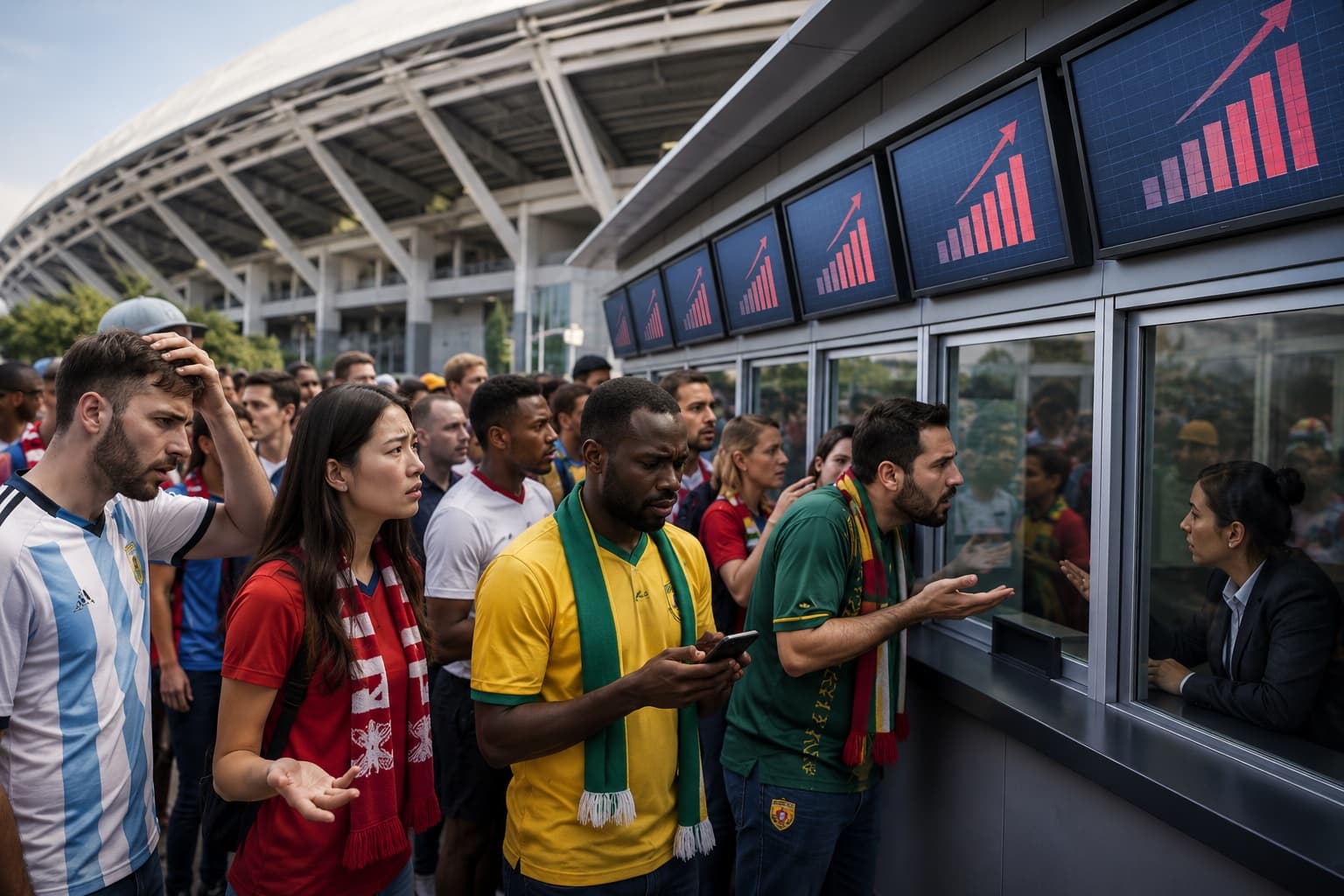 A generic football ticket and turnstile at a packed stadium entrance