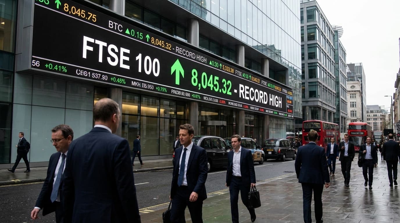 An electronic share-price board in the City of London showing the FTSE 100 index trading at a record high