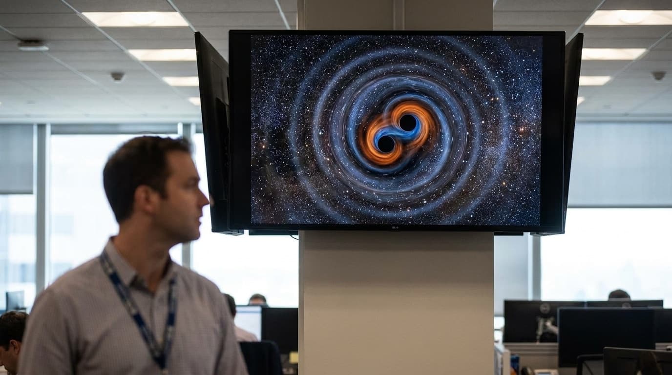 Illustration of two black holes merging and emitting ripples in spacetime