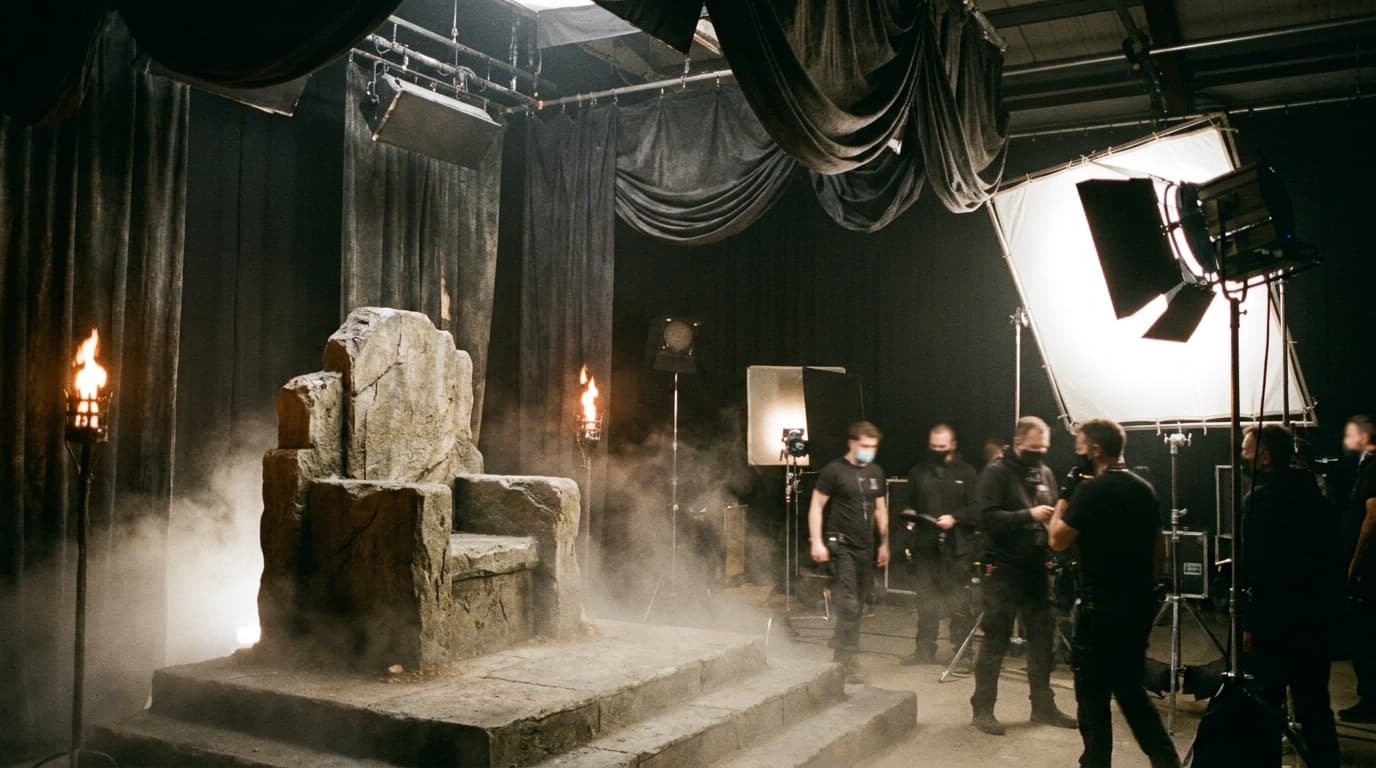 A dimly lit fantasy television set with a stone throne and dramatic lighting