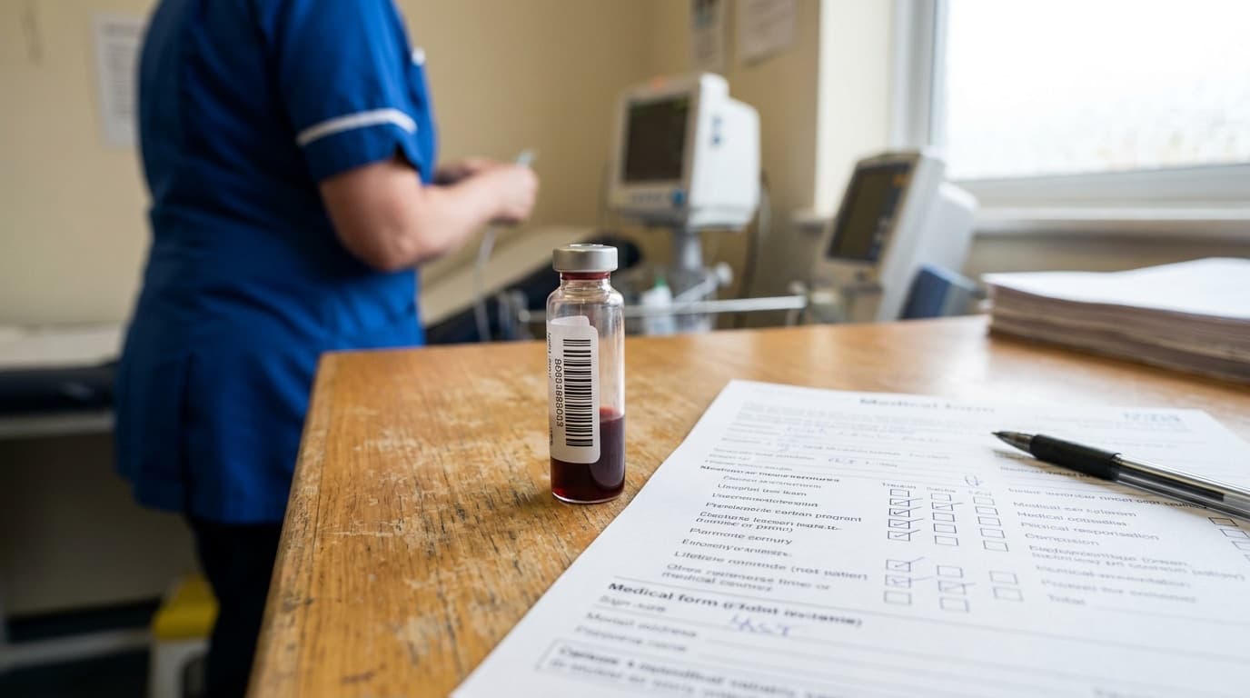 A vial of blood beside a medical form on a clinic desk representing a routine screening test
