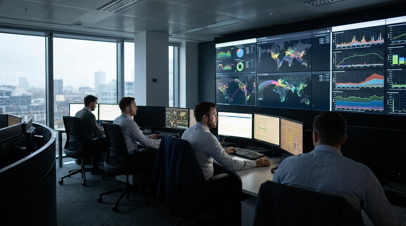 A security operations centre with analysts monitoring multiple threat dashboards