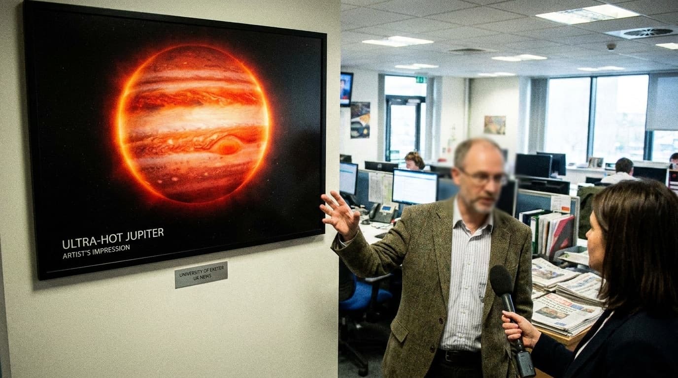 An artist's impression of a glowing ultra-hot gas giant exoplanet near its star