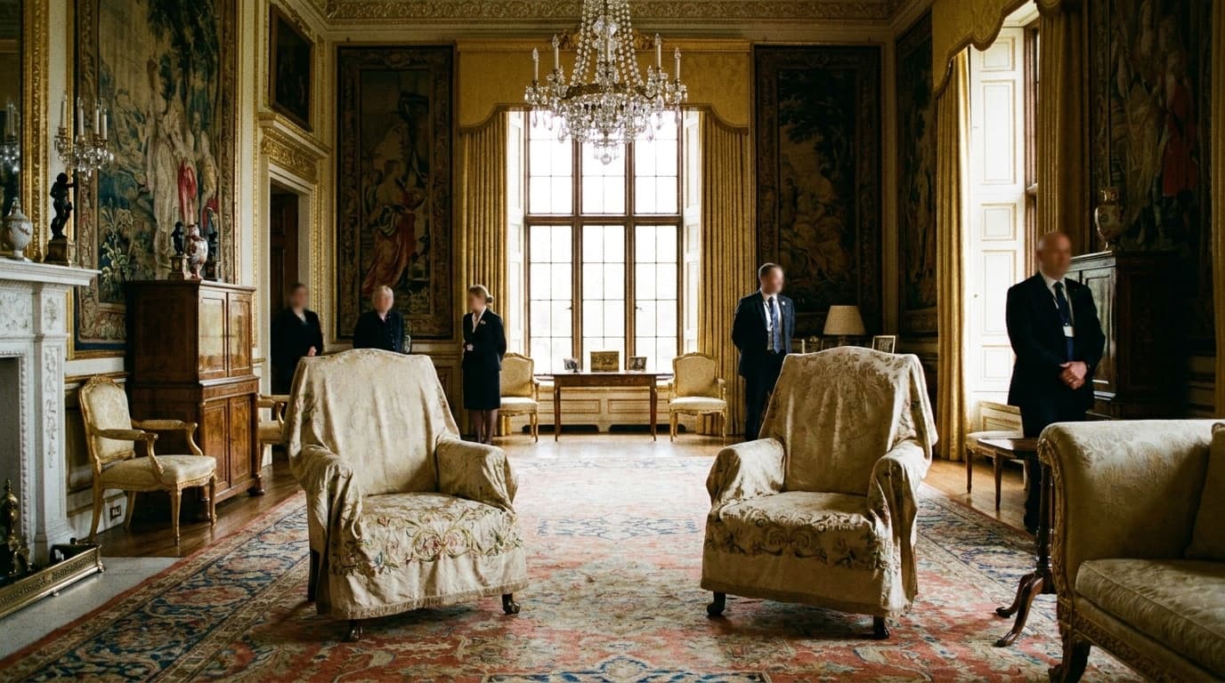 An ornate gilded room in a royal palace with two empty chairs set for an audience