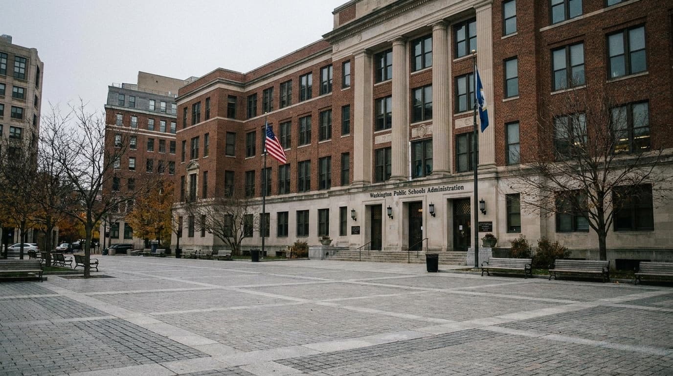 Exterior of a large American public school administration building with an empty plaza in front