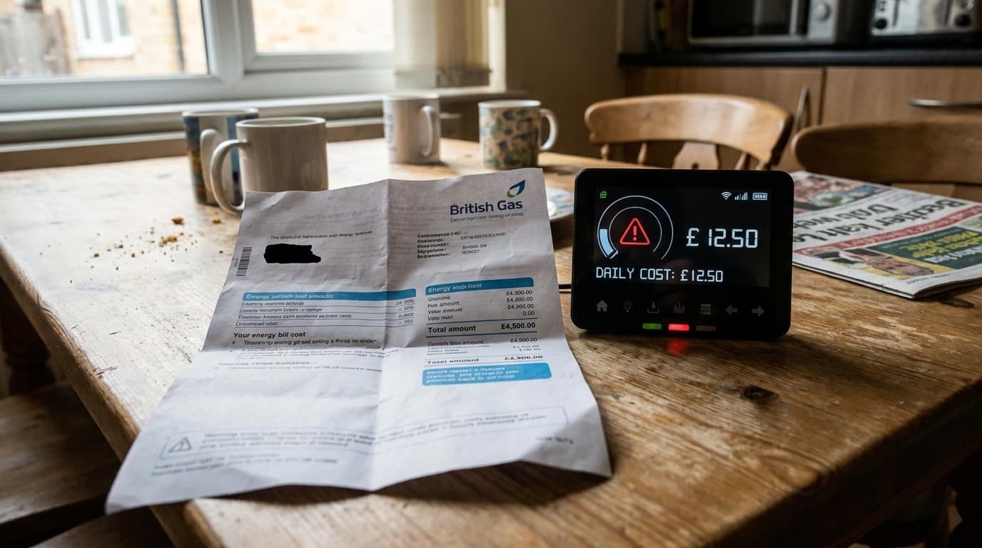 A household energy bill and a smart meter display on a kitchen table