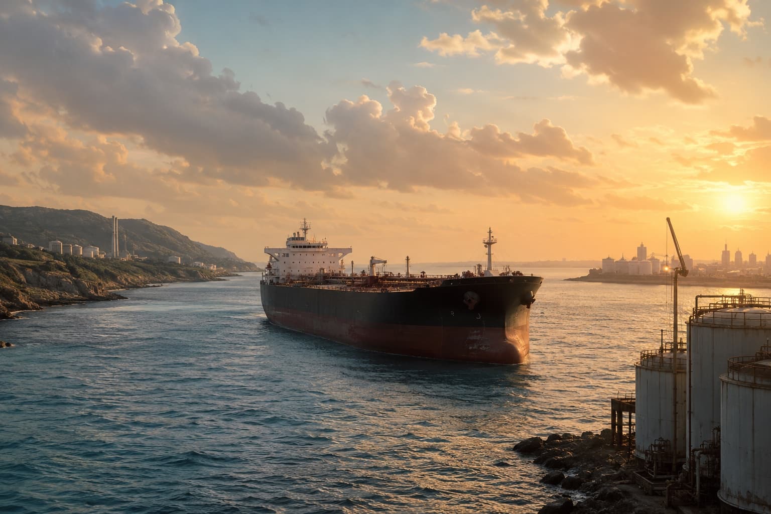 An oil tanker at anchor off a tropical coastline under a hazy sky, no identifiable people