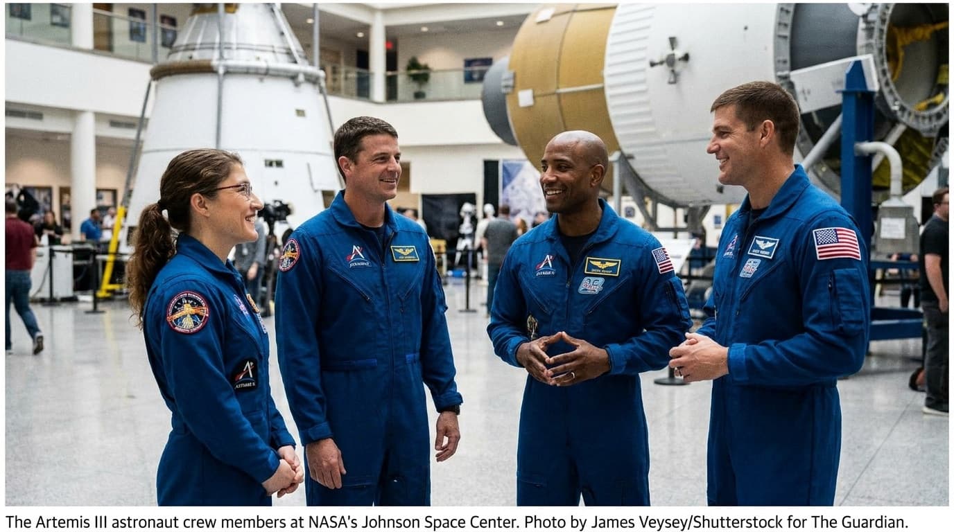 The four announced Artemis III astronauts standing together at NASA's Johnson Space Center