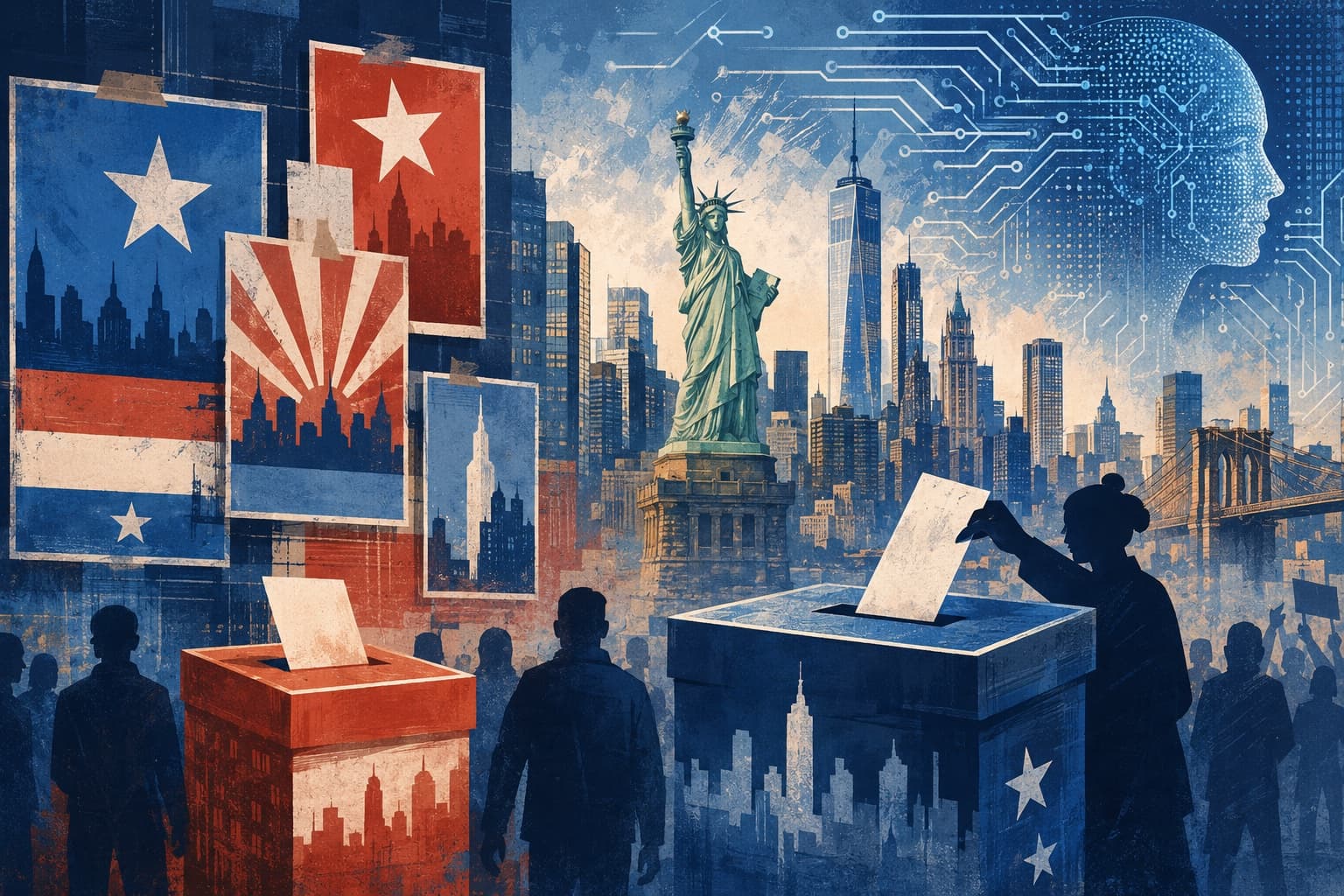 A row of voting booths in a community hall with American flags and polling signage in the background