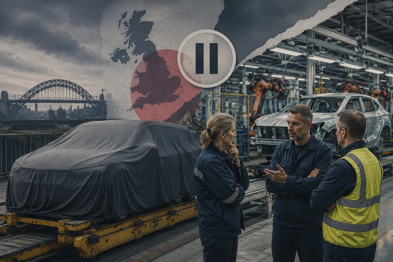 A car manufacturing assembly line with vehicle bodies in a large factory