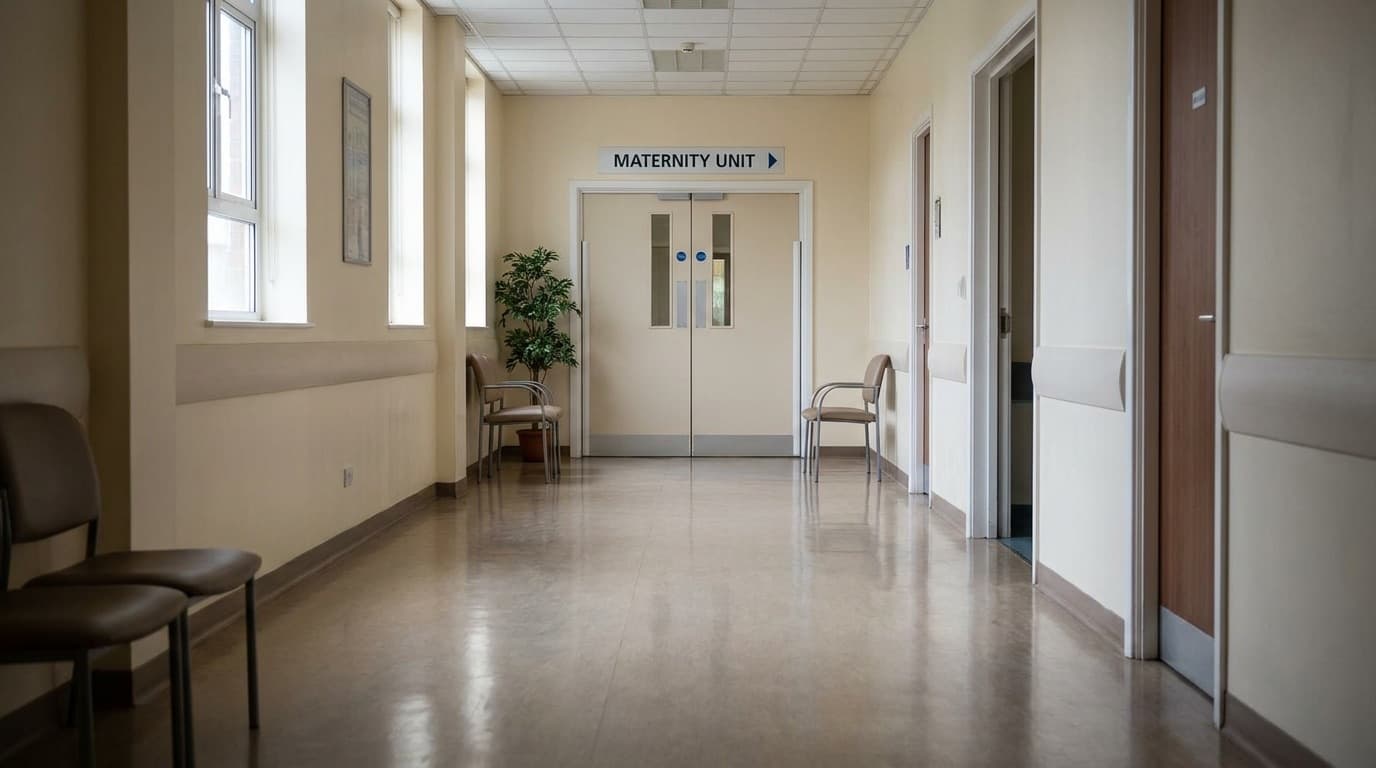 A quiet hospital corridor leading towards a maternity unit