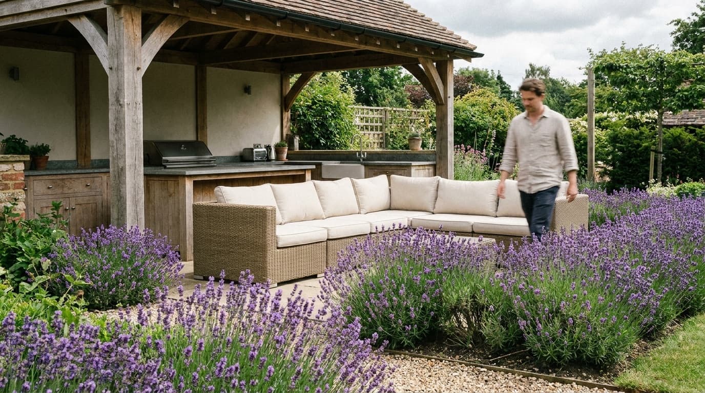 A stylish British garden with a covered outdoor kitchen, modular sofa and lavender borders