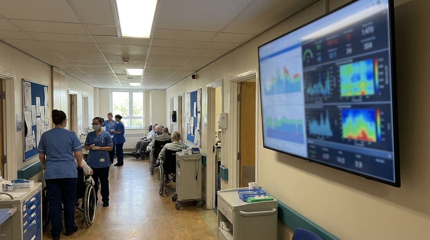 A hospital corridor with a digital data display on the wall
