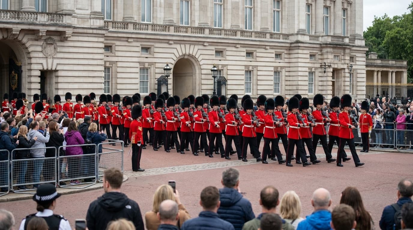 Ceremonial guards on parade outside a grand royal building
