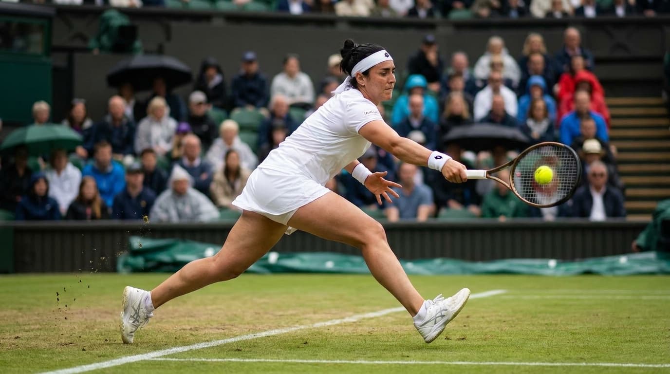 A tennis player reaching for a forehand on a grass court
