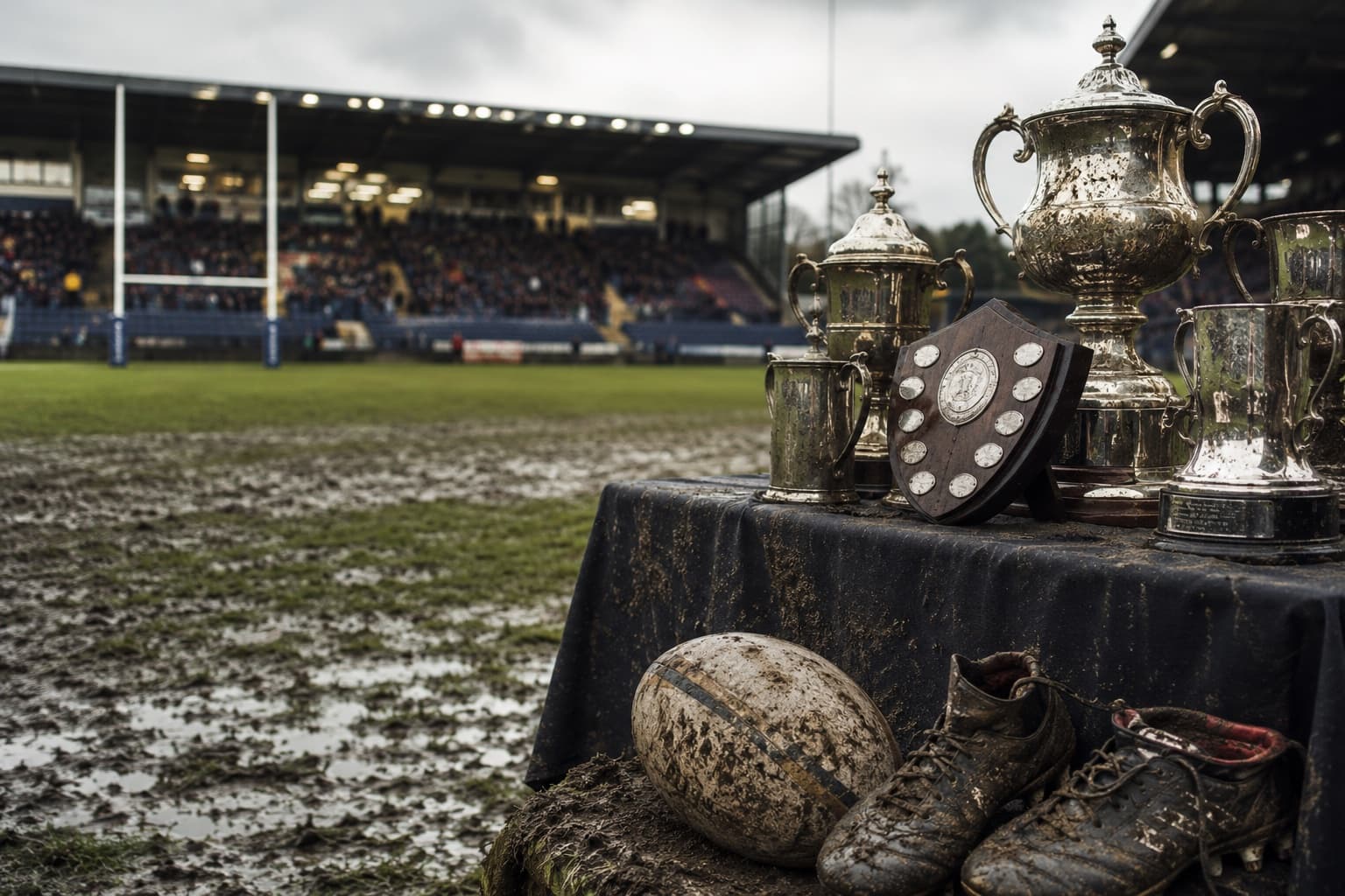 A rugby ball resting on the grass of an empty stadium with goalposts behind