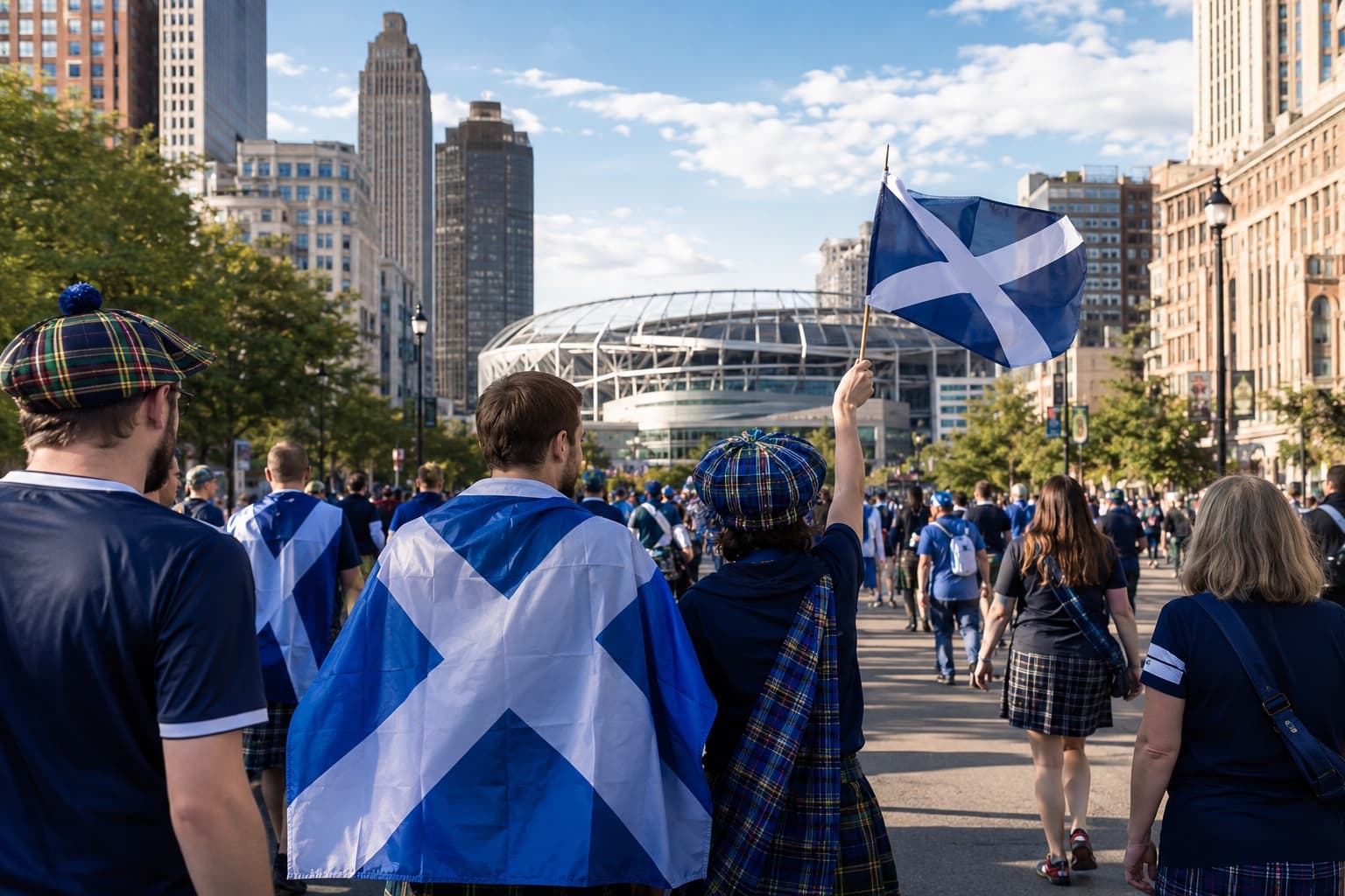 A cheerful crowd of football supporters in tartan singing and waving flags in a city square